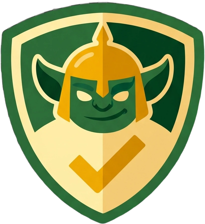 The ComplianceGoblin shield - a helmeted goblin warden above a gold check