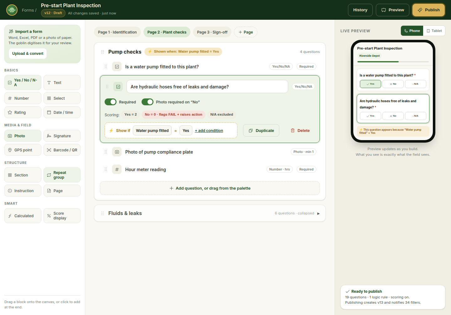 FormGoblin form builder showing a pre-start plant inspection with conditional logic and live phone preview