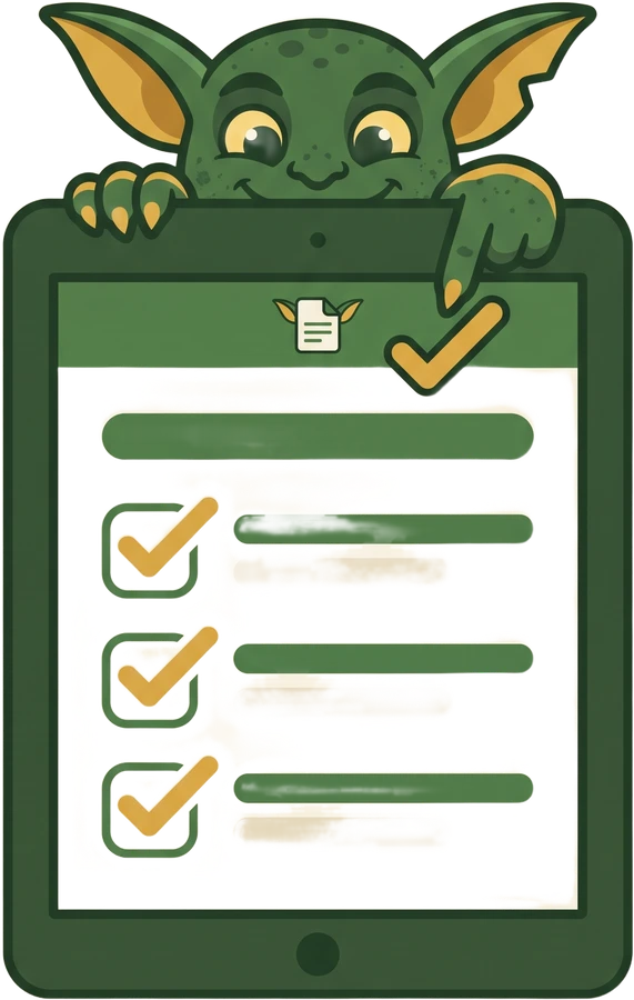 The FormGoblin goblin peeking over a tablet, ticking off a safety checklist