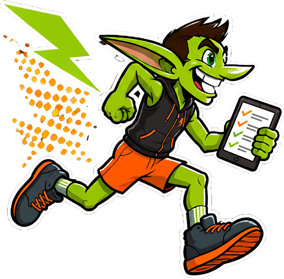 Dash, the TaskGoblin mascot, sprinting with a job list