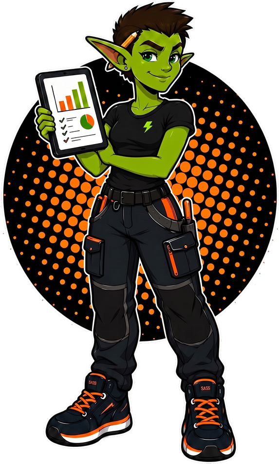 Sass, arms crossed, holding a tablet of charts